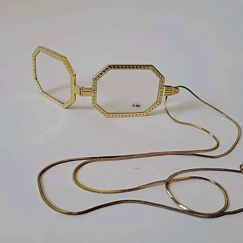 Dianna Folding Neck Glasses +2.50 Gold Tone Frame Compact Minimalist Versatile